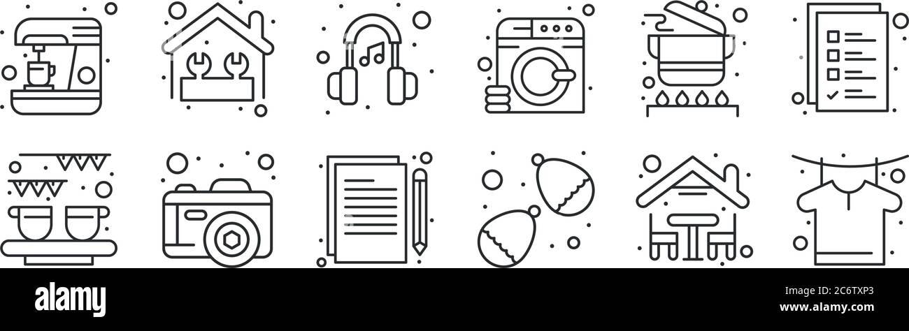 set di 12 icone di contorni sottili come maglietta, palloncini d'acqua, macchina fotografica, pentole da cucina, cuffie musicali, riparazione domestica per il web, cellulare Illustrazione Vettoriale