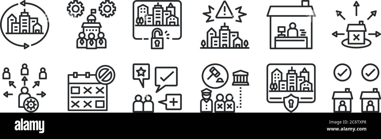 set di 12 icone con contorni sottili come responsabilità, arresto, periodo, ufficio domestico, sblocco, governo per il web, dispositivi mobili Illustrazione Vettoriale