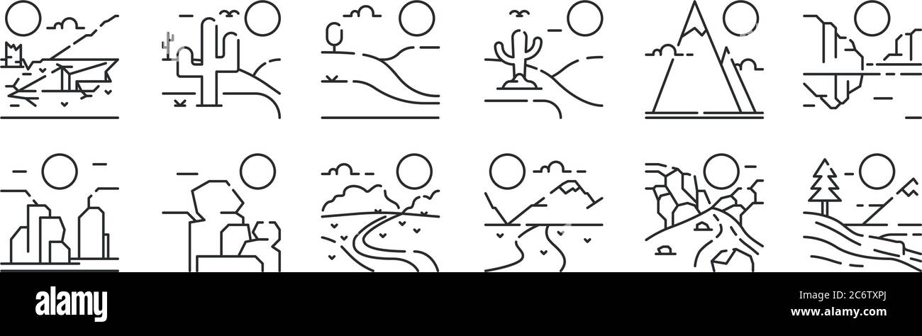 set di 12 icone con contorni sottili come inverno, tundra, rock, montagna, colline, cactus per il web, mobile Illustrazione Vettoriale