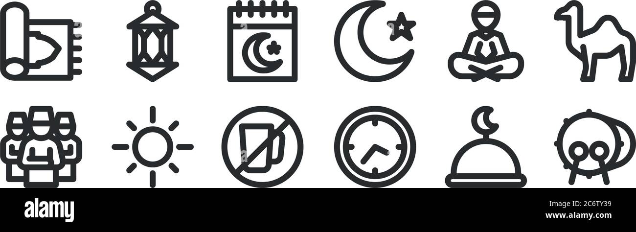 set di 12 icone di contorno sottili come bedug, orologio, sole, lettura, calendario, lanterna per il web, cellulare Illustrazione Vettoriale
