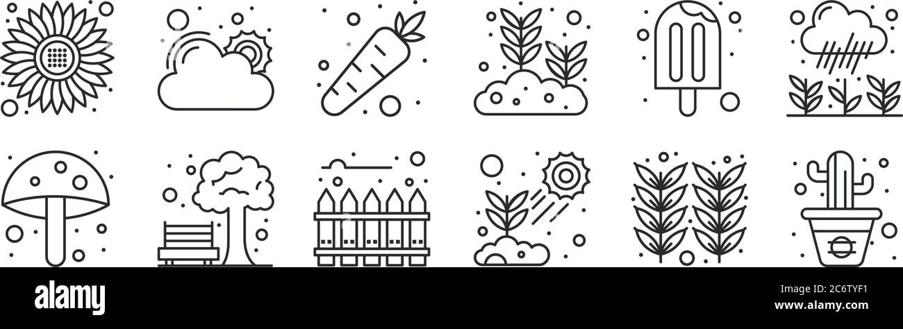 set di 12 icone di contorni sottili come cactus, piante, parco, gelato, carote, bel tempo per il web, mobile Illustrazione Vettoriale