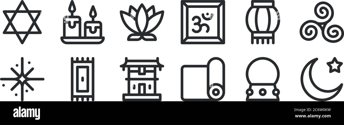 set di 12 icone di contorni sottili come islam, tappetino yoga, tappetino, lanterna di carta, loto, candele per il web, cellulare Illustrazione Vettoriale