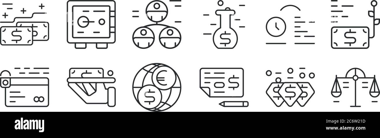 set di 12 icone con contorni sottili come scale, assegni bancari, pagamenti in contanti, cronologia delle transazioni, gestione, cassette di sicurezza per il web, dispositivi mobili Illustrazione Vettoriale