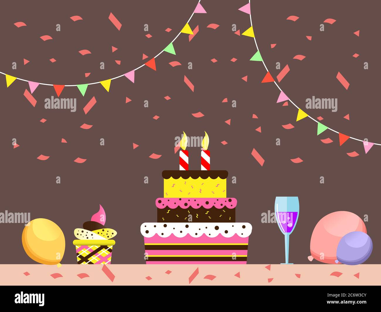 illustrazione vettoriale di torta di compleanno yummy con candele e vino. biglietto di auguri felice compleanno partito concetto di fondo. Illustrazione Vettoriale