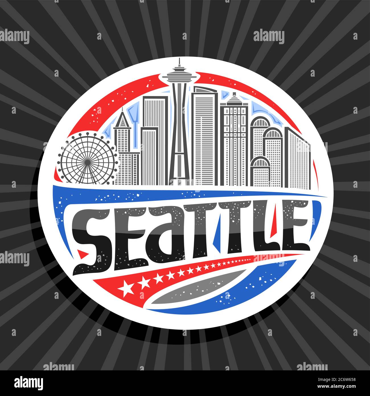 Logo vettoriale per Seattle, etichetta decorativa bianca con illustrazione del paesaggio moderno della città di seattle sullo sfondo del cielo del giorno, frigo turistico di design artistico Illustrazione Vettoriale