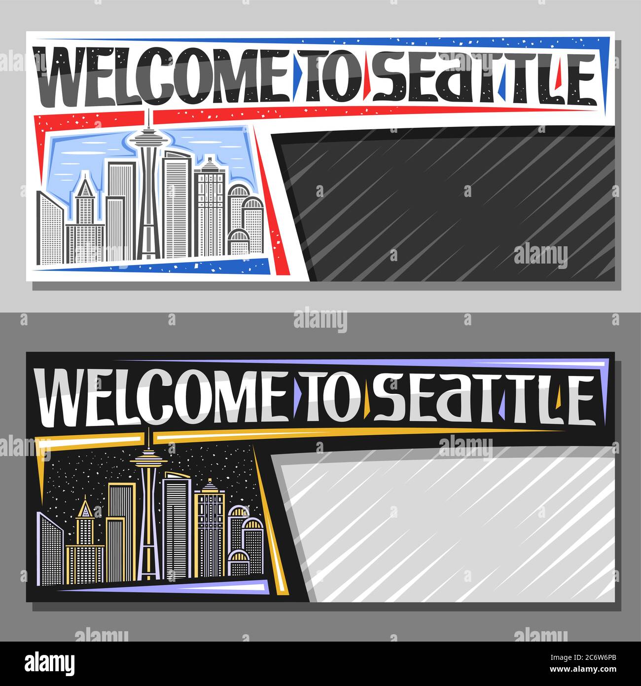 Layout vettoriali per Seattle con copyspace, voucher decorativo con illustrazione del paesaggio moderno della città di seattle di giorno e sfondo del cielo crepuscolo, desig artistico Illustrazione Vettoriale