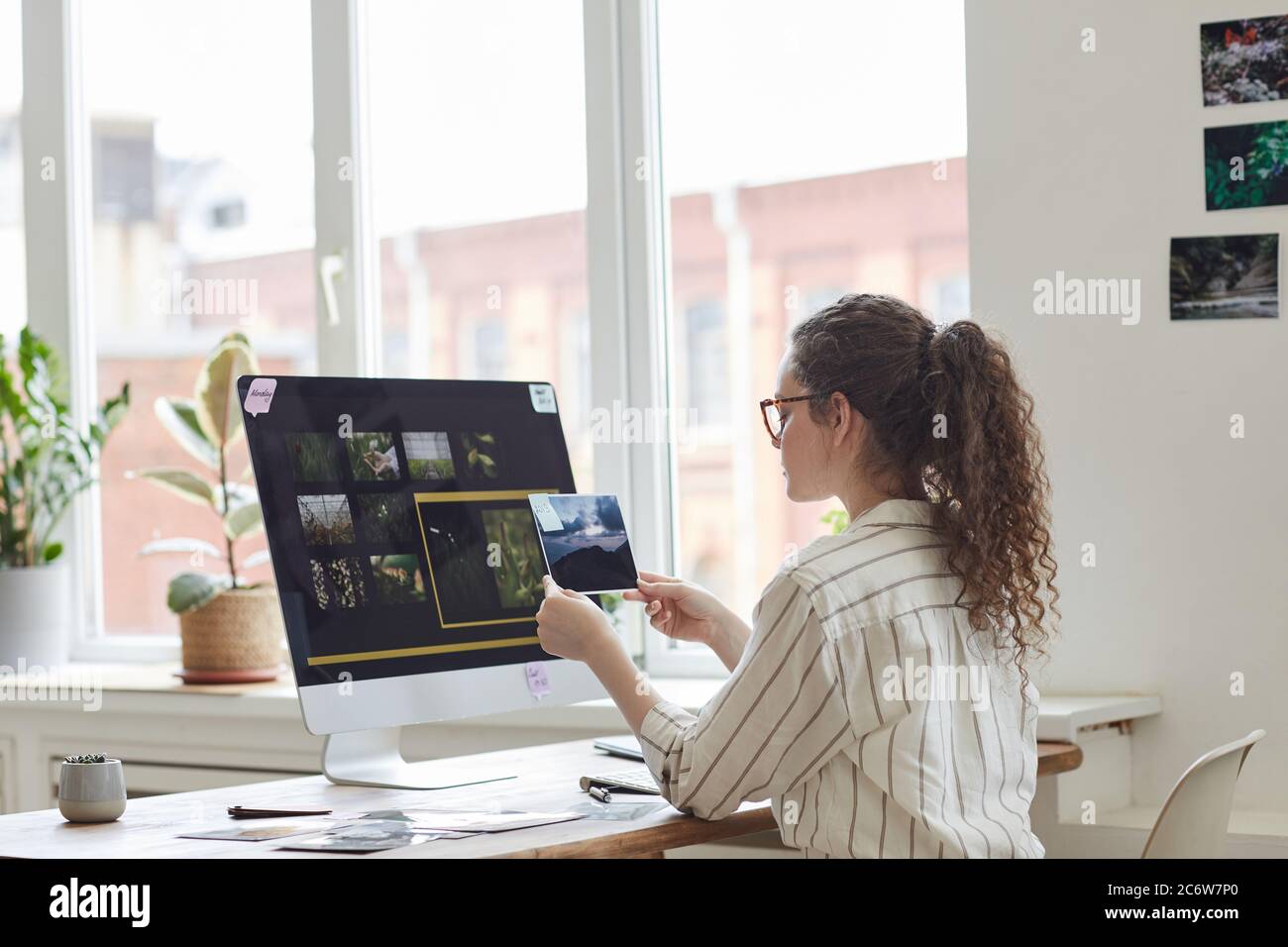 Indietro vista ritratto di giovane donna moderna in possesso di fotografie revisione per la pubblicazione mentre lavora al PC in ufficio bianco, spazio di copia Foto Stock