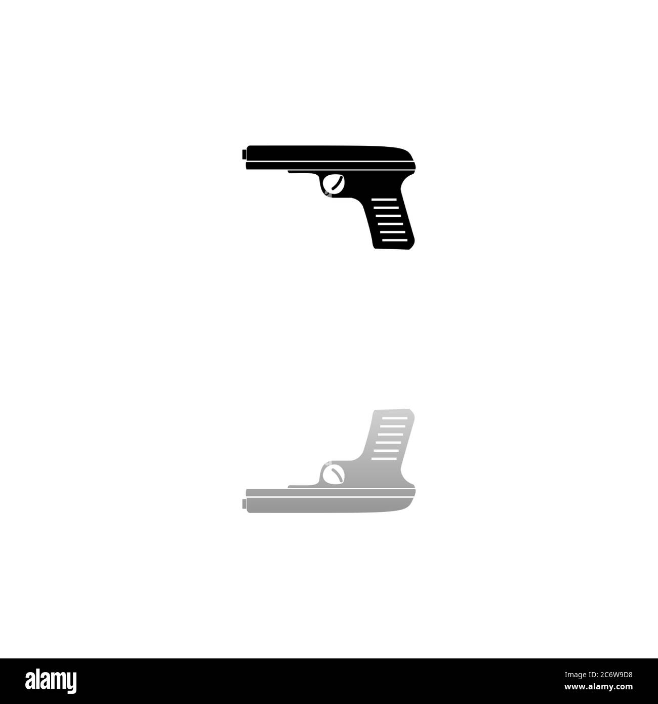 Pistola. Simbolo nero su sfondo bianco. Illustrazione semplice. Icona vettore piatto. Specchia ombra di riflessione. Può essere utilizzato in logo, Web, mobile e UI UX pro Illustrazione Vettoriale