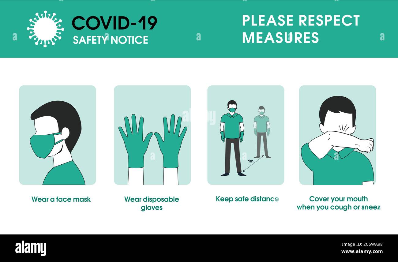 Misure di sicurezza per Coronavirus covid-19: Indossare una maschera facciale, indossare guanti monouso e tenere a distanza di sicurezza, coprire la bocca quando si tossisce e si starnuti Illustrazione Vettoriale