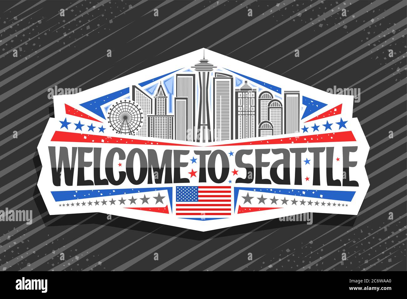 Logo vettoriale per Seattle, badge decorativo bianco con illustrazione a linee del famoso paesaggio della città di seattle sullo sfondo del cielo del giorno, magnete per frigorifero turistico con Illustrazione Vettoriale
