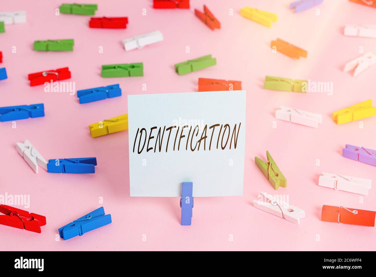 Identificazione del testo di scrittura di parole. Foto di lavoro che mostra un'azione o una procedura per identificare qualcuno o qualcosa di coloratafogli di stendibiancheria vuoti re Foto Stock