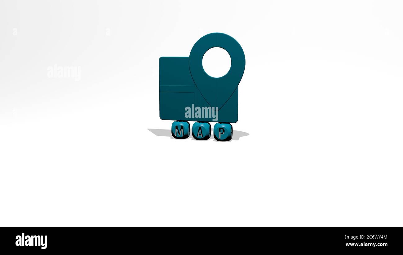 Illustrazione 3D di GRAFICA E testo DI MAPPE realizzati con lettere a dadi metallici per i significati correlati del concetto e delle presentazioni. Sfondo e astratto Foto Stock