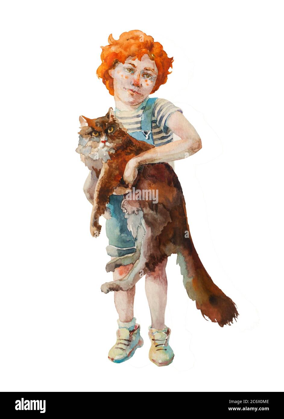 Piccolo ragazzo rosso che tiene il gatto grave grande in mani, originale illustrazione acquerello isolato su sfondo bianco Foto Stock