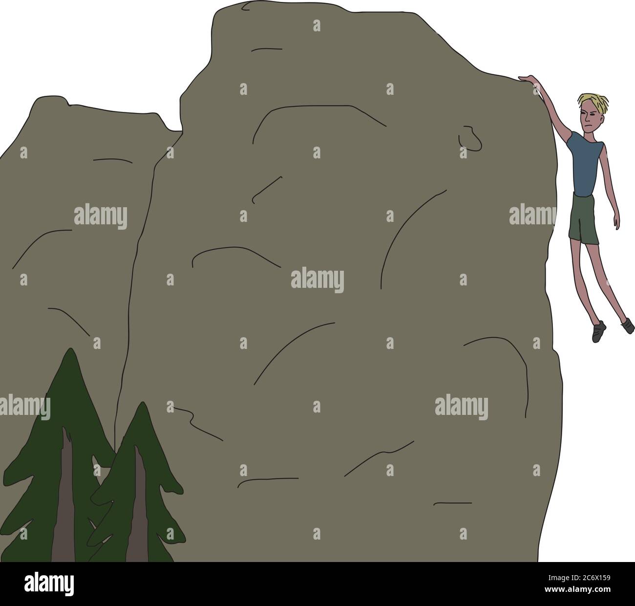 giovani uomini appesi dalla roccia solo una mano vicino caduta fuori dalla scogliera grezza scatch vettore illustrazione Illustrazione Vettoriale