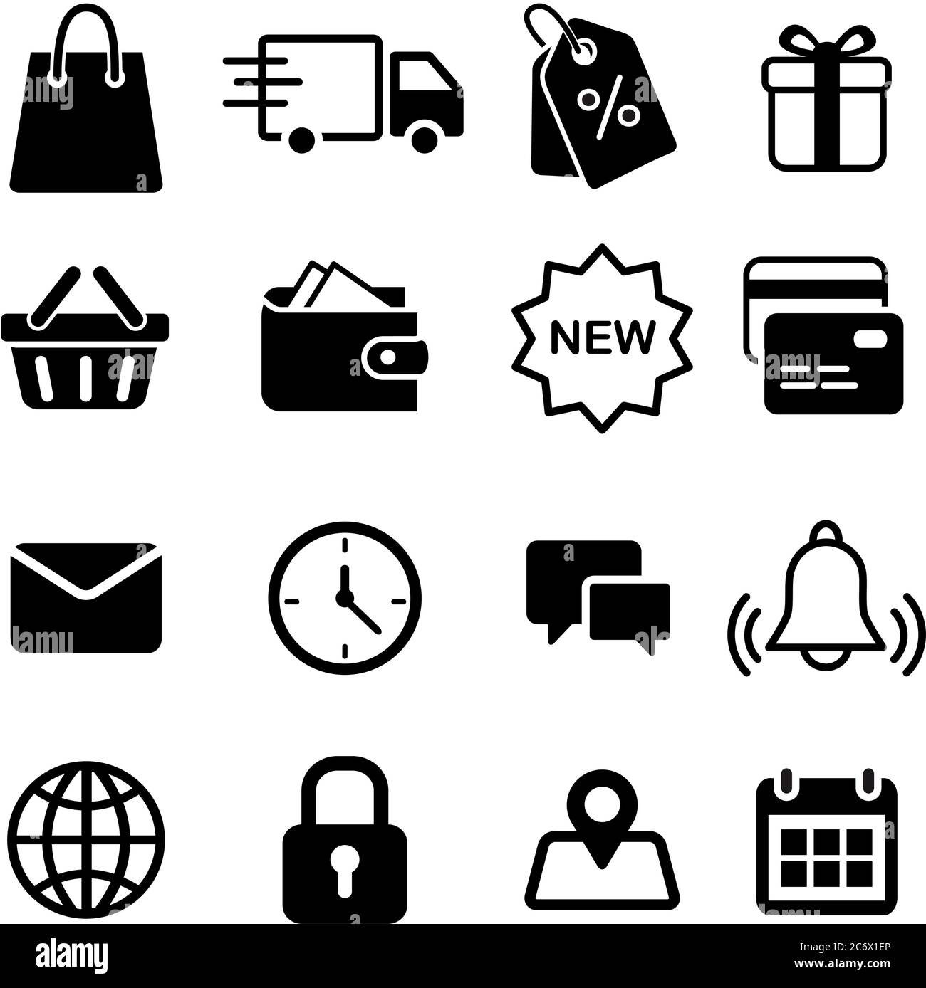 Set di icone per acquisti online e e-commerce. Semplice flat black 16 icone vettoriali collezione per l'acquisto, il pagamento, il contatto e la consegna e-shop isolato su Illustrazione Vettoriale