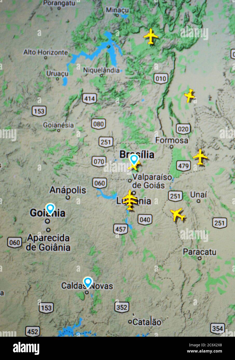 Traffico aereo sulla zona di Brazilia (12 luglio 2020, UTC 14.12) con il sito di Flightradar 24 di Svenska Resenätverket AB Foto Stock