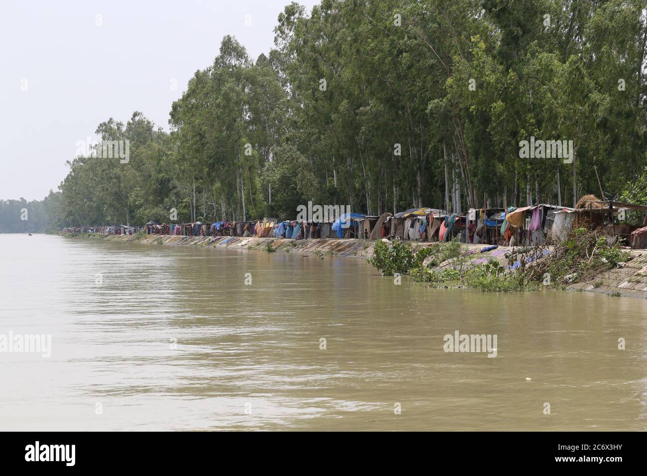 Le persone colpite dalle inondazioni si rifugiano su una diga durante l'alluvione monsonica a Gaibandha, nel nord del Bangladesh, il 19 luglio 2019. Ogni anno milioni di persone colpite da inondazioni a causa di forti piogge e fiumi in eccesso nelle parti nord-orientali e nord-occidentali del Bangladesh. Molte persone sono morte, sfollate, hanno perso le loro colture, le case, soffrono per gli alimenti e l'acqua potabile pura durante l'alluvione monsonica. Foto Stock