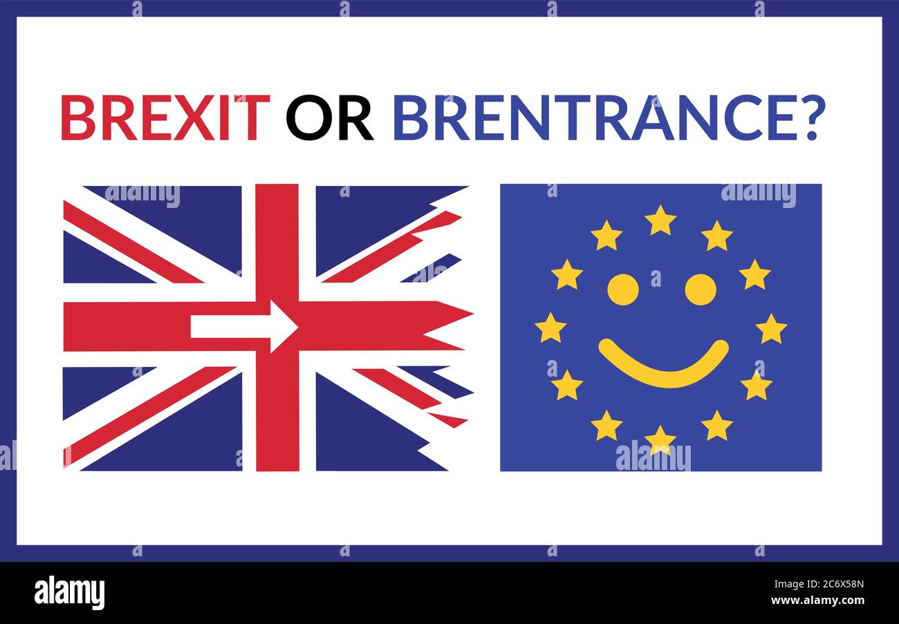 Brexit o Brentance, sorridendo bandiera sindacale dell’Europia e spianando la Gran Bretagna con frecce di ritorno all’UE. Concetto di dubbi GB di lasciare l'UE. GB umilmente Illustrazione Vettoriale