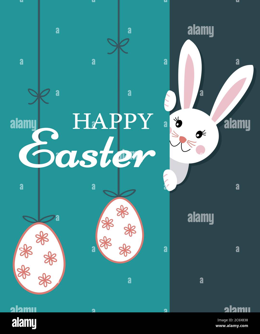 Biglietto di auguri di Pasqua con testo buona pasqua e coniglio carino bunny guardando dietro il muro e appendere uova di pasqua con fiore su nastro, verde backgro Illustrazione Vettoriale
