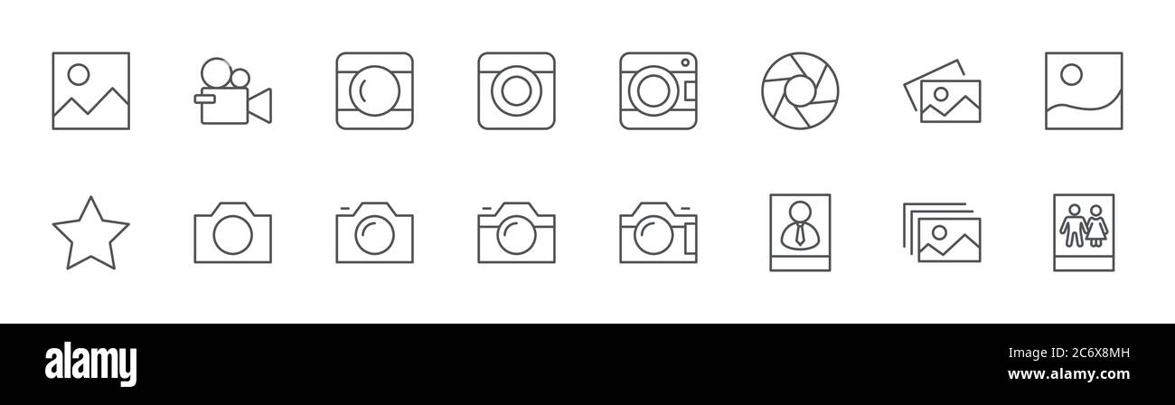 Icone della linea fotografica della fotocamera. Simboli Ritratti e Foto di famiglia. Tratto modificabile Illustrazione Vettoriale