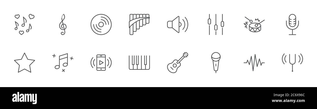 Icone di linea relative alla musica. Icona piano, chitarra, Trebble Clef. Tratto modificabile Illustrazione Vettoriale