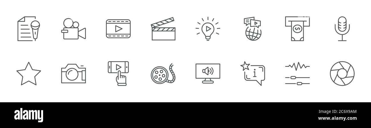 Icone della linea del giorno del film internazionale. Videocamera riproduzione film, obiettivo. Tratto modificabile Illustrazione Vettoriale