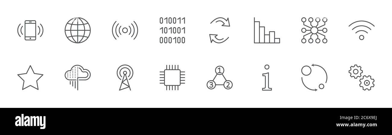 Icone della linea di tecnologia di analisi dei dati. Grafici a icone, Wi-fi, grafici. Tratto modificabile Illustrazione Vettoriale
