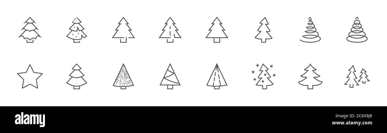 Icona della linea dell'albero di Natale. Abete rosso, presente scatola abete. Tratto modificabile Illustrazione Vettoriale