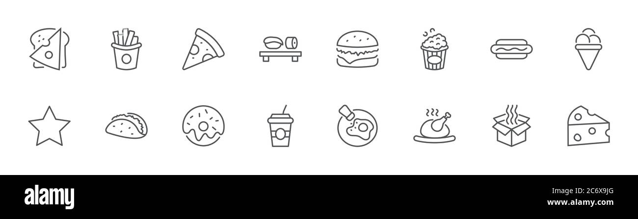 Cibi, bevande icone della linea. Pizza, uovo, carne, sushi, pollo, hamburger. Corsa Illustrazione Vettoriale