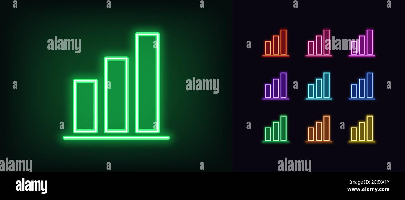 Icona grafico neon ascendente. Simbolo del diagramma di crescita del neon incandescente, grafico a barre in alto con colori vivaci. Previsioni finanziarie, risultati migliori, trend in crescita. Luminoso ico Illustrazione Vettoriale