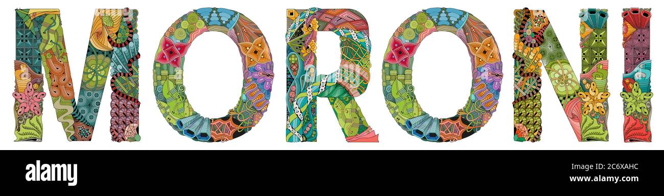 Disegno artistico dipinto a mano. Illustrazione Moroni città è la capitale delle Comore per il design di t-shirt, tatuaggio e altre decorazioni Illustrazione Vettoriale