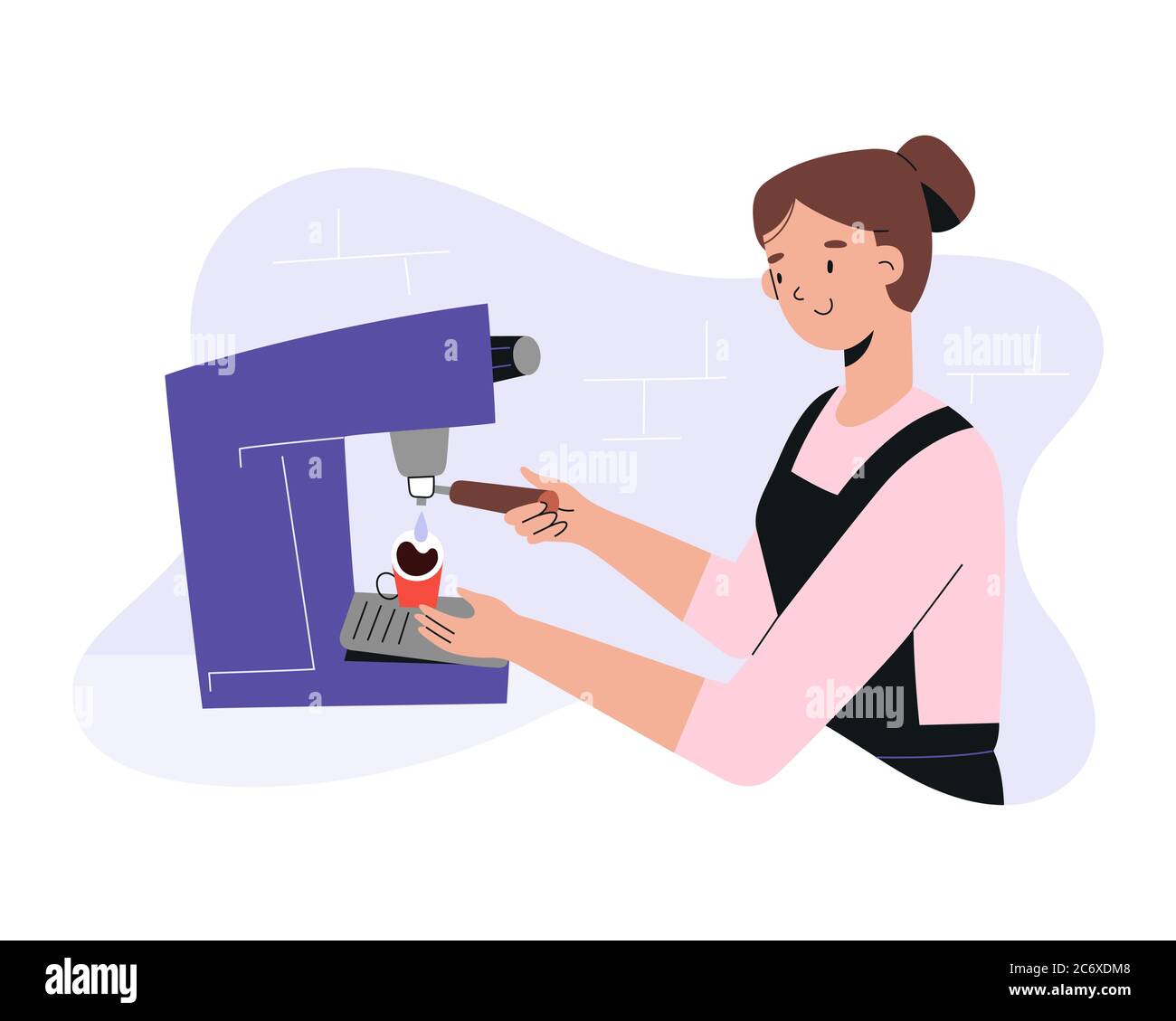 Barista femminile che prepara il caffè, prepara l'espresso davanti alla macchina da caffè professionale, giovane donna che lavora in una caffetteria o in un bar in grembiule Illustrazione Vettoriale