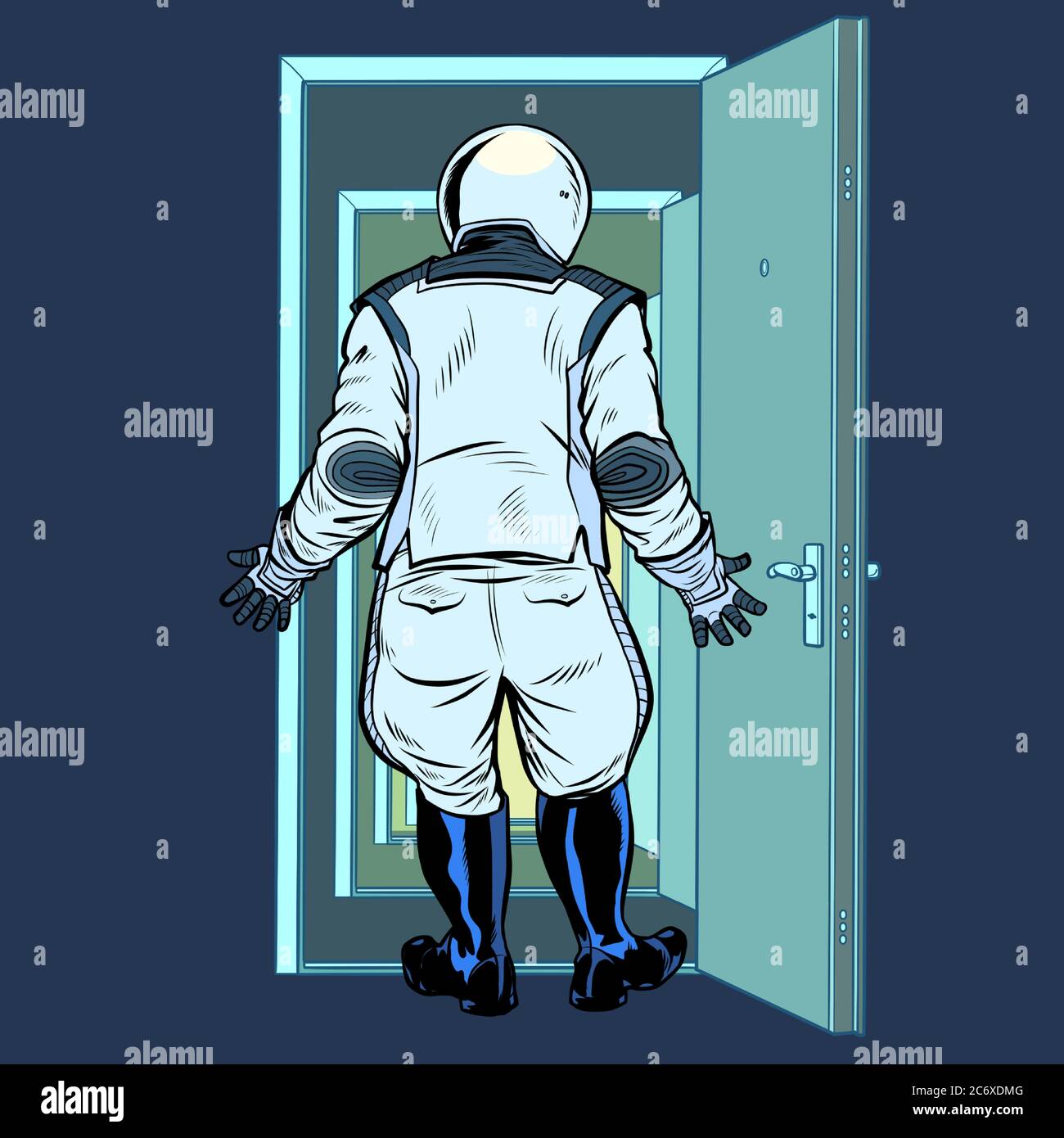 l'astronauta moderno si trova di fronte a una porta aperta. Nuove scoperte Illustrazione Vettoriale