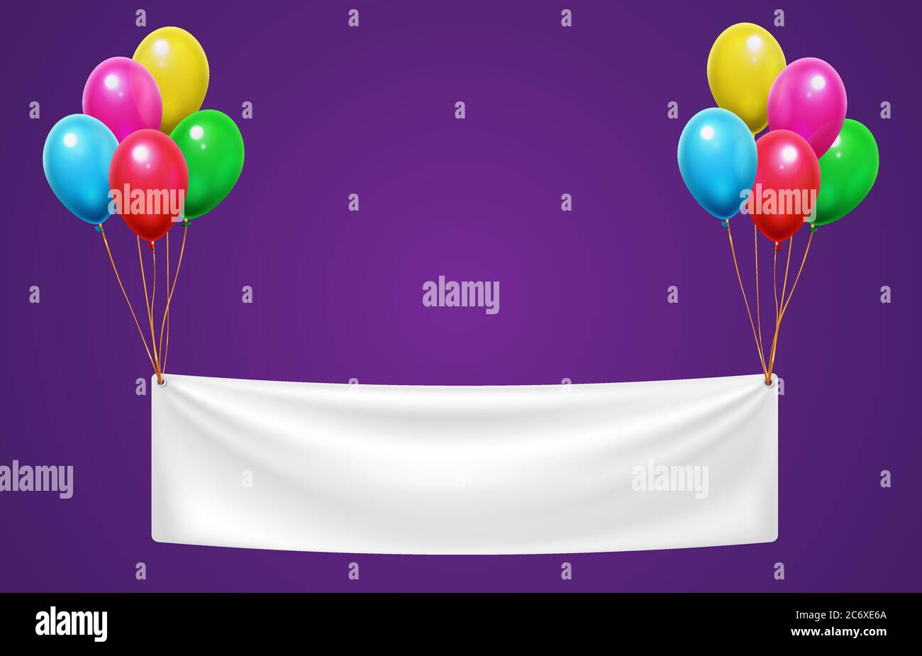 Banner appeso su palloncini colorati per una festa di compleanno felice. Invito o biglietto di auguri per la celebrazione dell'evento Illustrazione Vettoriale