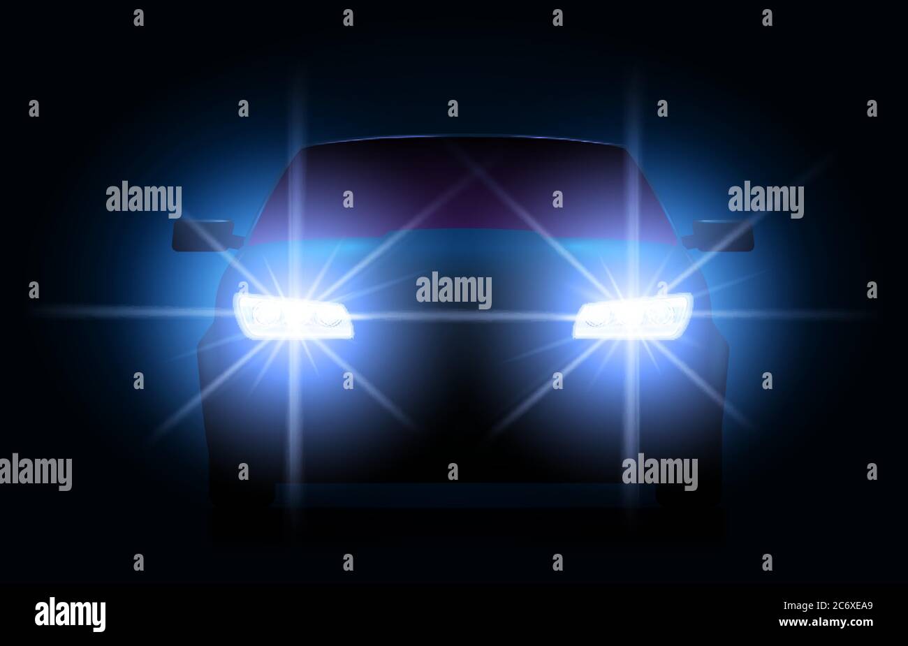 Luci auto. Scena urbana notturna con silhouette di auto o veicoli con fari luminosi. Anteriore automatico Illustrazione Vettoriale