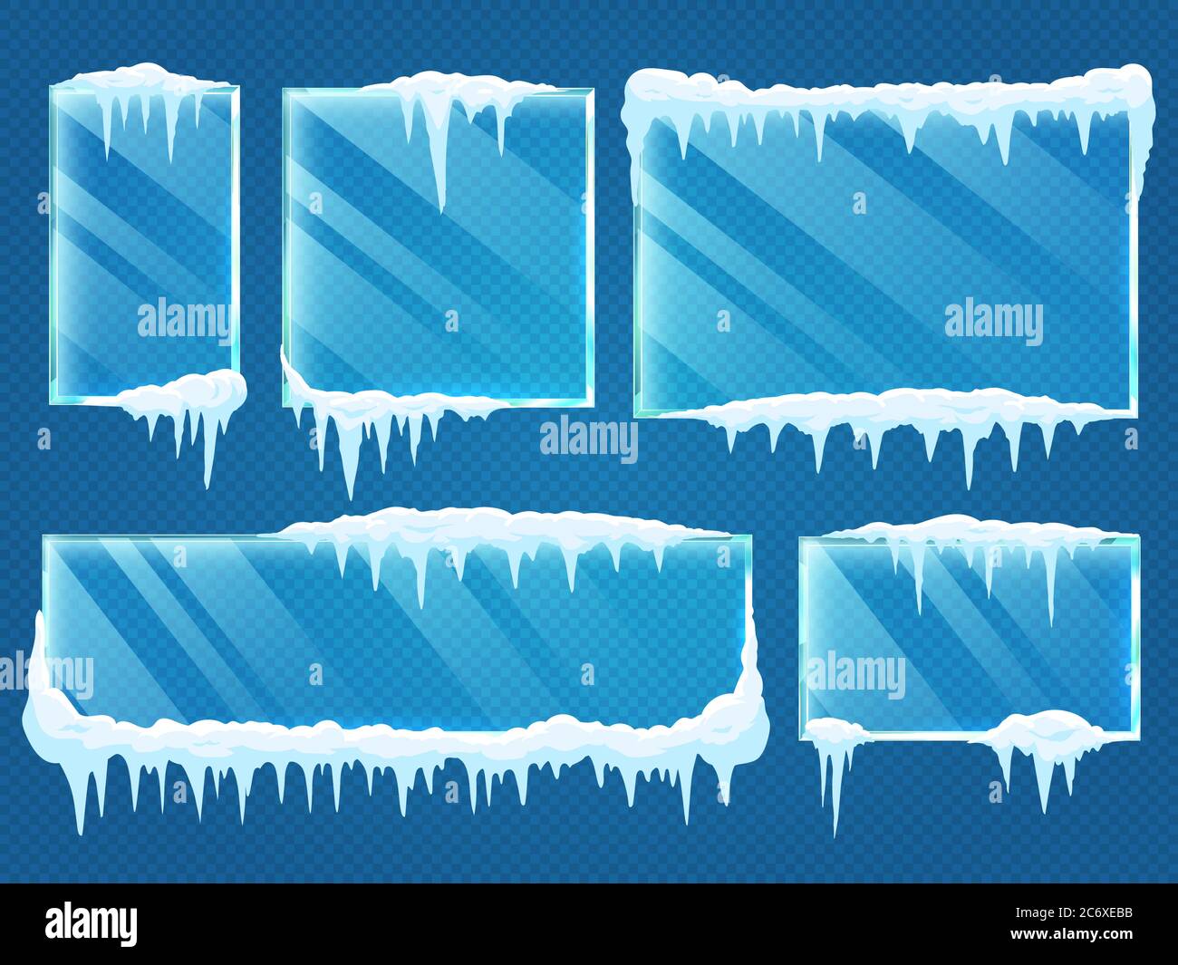 Montature in vetro con coprineve. Vetro invernale congelato con ghiaccio e gelo isolato su sfondo trasparente Illustrazione Vettoriale