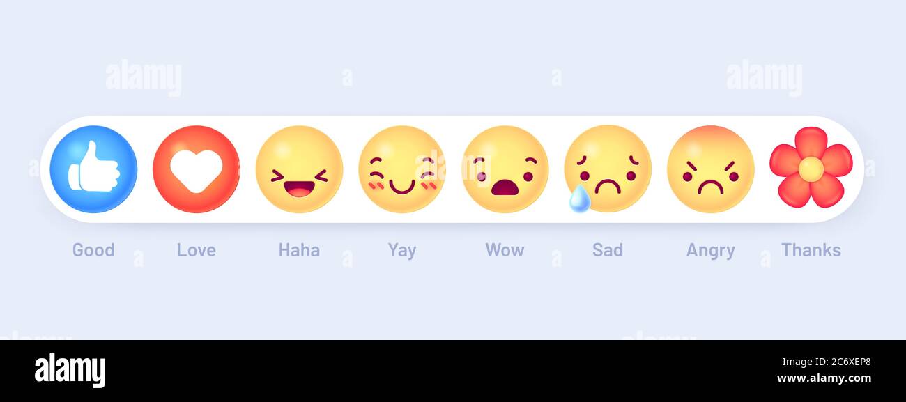 Reazioni emoticon emoji. Pulsanti di messaggio di chat sociale. Pollice su, amore cuore e haha, yay. WOW, triste e arrabbiato, grazie icone vettoriali Illustrazione Vettoriale