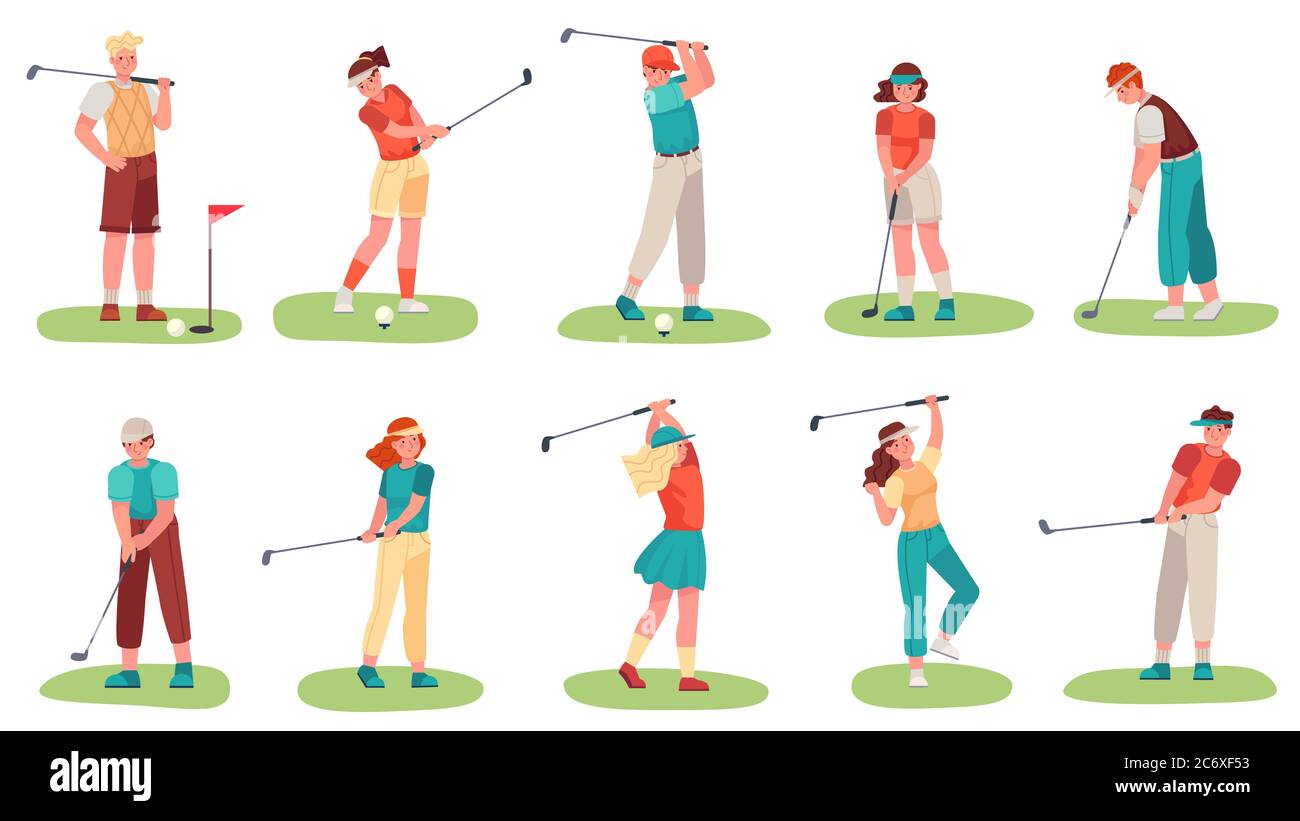 Golf. Uomini e donne che si allenano con i club di golf su erba verde, giocatori di hobby sport golfer in uniforme, cartoon set illustrazione vettoriale Illustrazione Vettoriale