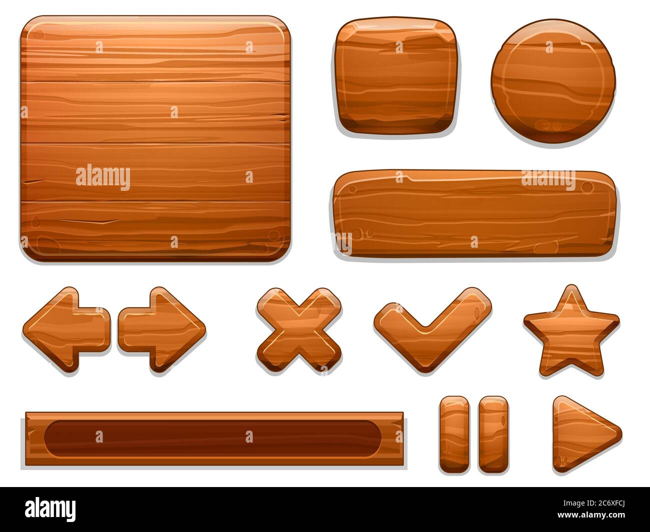 UI in legno. Cornice in legno testurizzato, pannello cartoni animati e pulsanti di gioco. Set di illustrazioni vettoriali con tasti freccia, stella e pulsante di arresto riproduzione Illustrazione Vettoriale