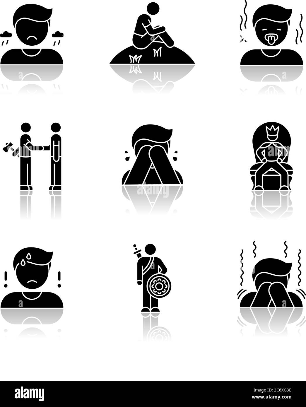 Sentimenti negativi cadere ombra glifo nero icone set. Cattive emozioni, stati psicologici. Comportamento umano, reazioni ed espressioni emotive. Isolare Illustrazione Vettoriale