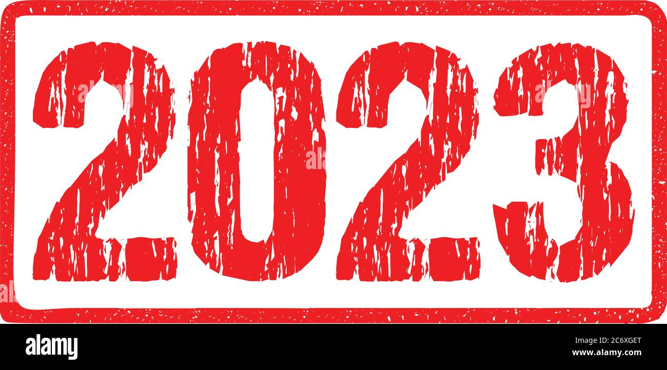 2023 anno numeri di Rough Distressed segno tipografia isolato su bianco. Effetto di imitazione del timbro di gomma con inchiostro rosso Illustrazione Vettoriale
