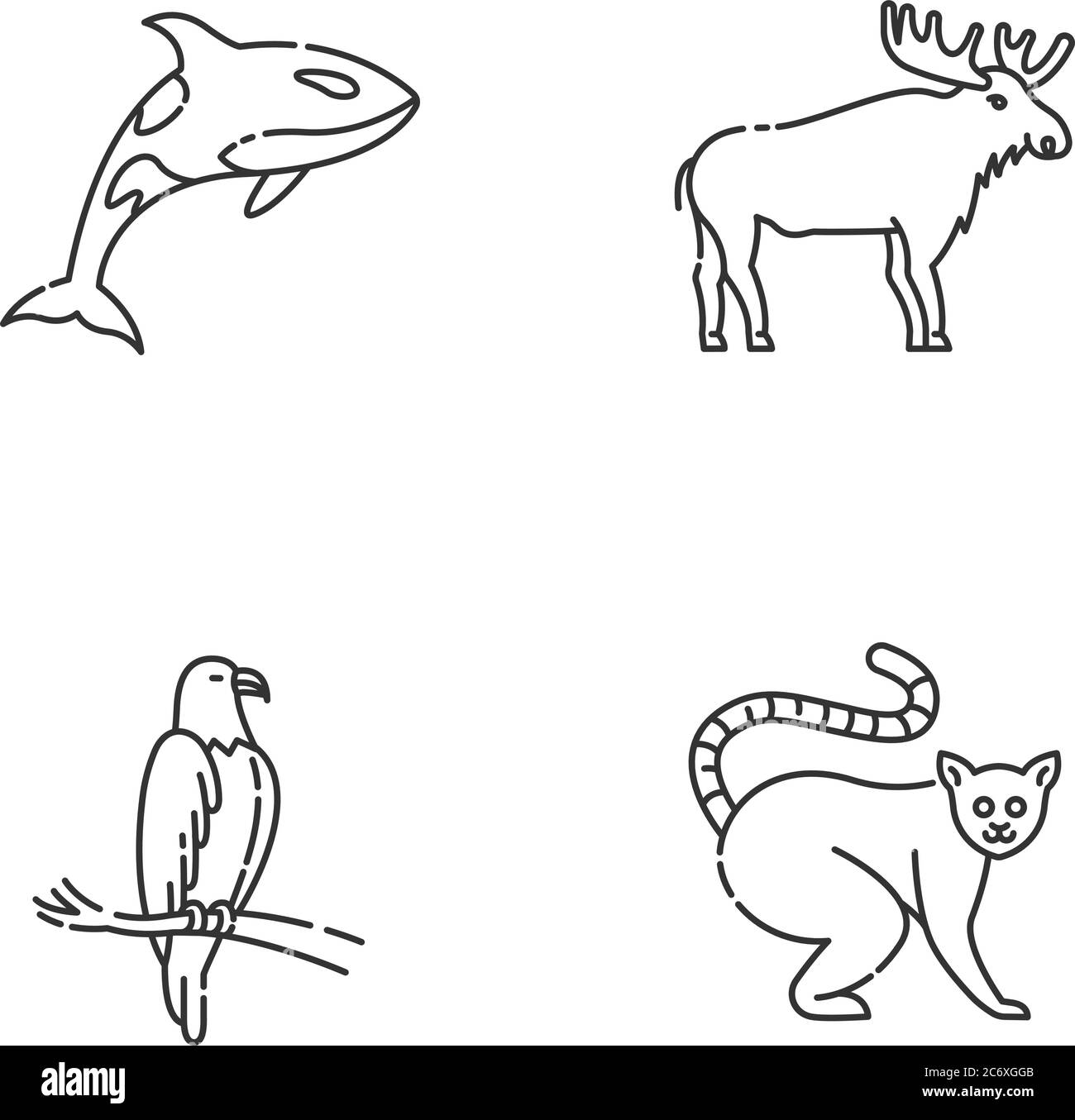 Diverse specie animali pixel perfetto set di icone lineari. Balena killer, lemuri esotici, aquila e alci simboli personalizzabili di contorno a linee sottili. Isolato ve Illustrazione Vettoriale Diverse specie animali pixel perfetto set di icone lineari. Balena killer, lemuri esotici, aquila e alci simboli personalizzabili di contorno a linee sottili. Isolato ve Illustrazione Vettoriale
