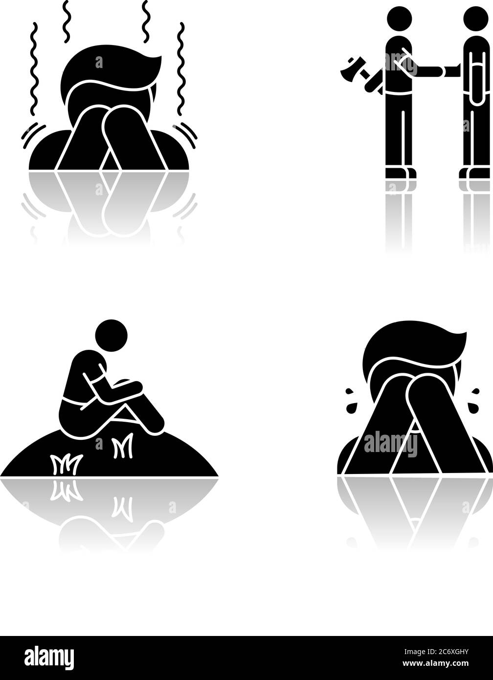 Emozioni negative e sentimenti cattivi cadere ombra glifo nero icone set. Comportamento umano, stati psicologici. Diffidenza, solitudine, timore e pietà di sé. Illustrazione Vettoriale