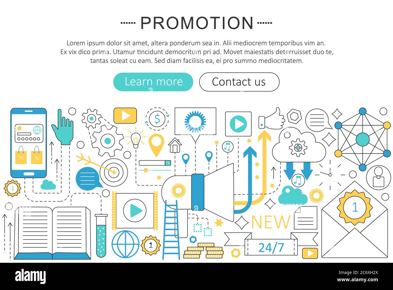 Vector linea moderna piano design concetto di promozione. Icone promozione intestazione sito Web, banner poster di progettazione app Illustrazione Vettoriale