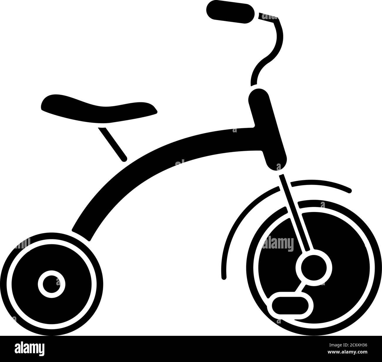 Icona glifo nero triciclo. Trike per i bambini. Bambini in giro su attrezzature. Coordinazione e sviluppo dell'equilibrio dei bambini. Simbolo di silhouette su spac bianco Illustrazione Vettoriale