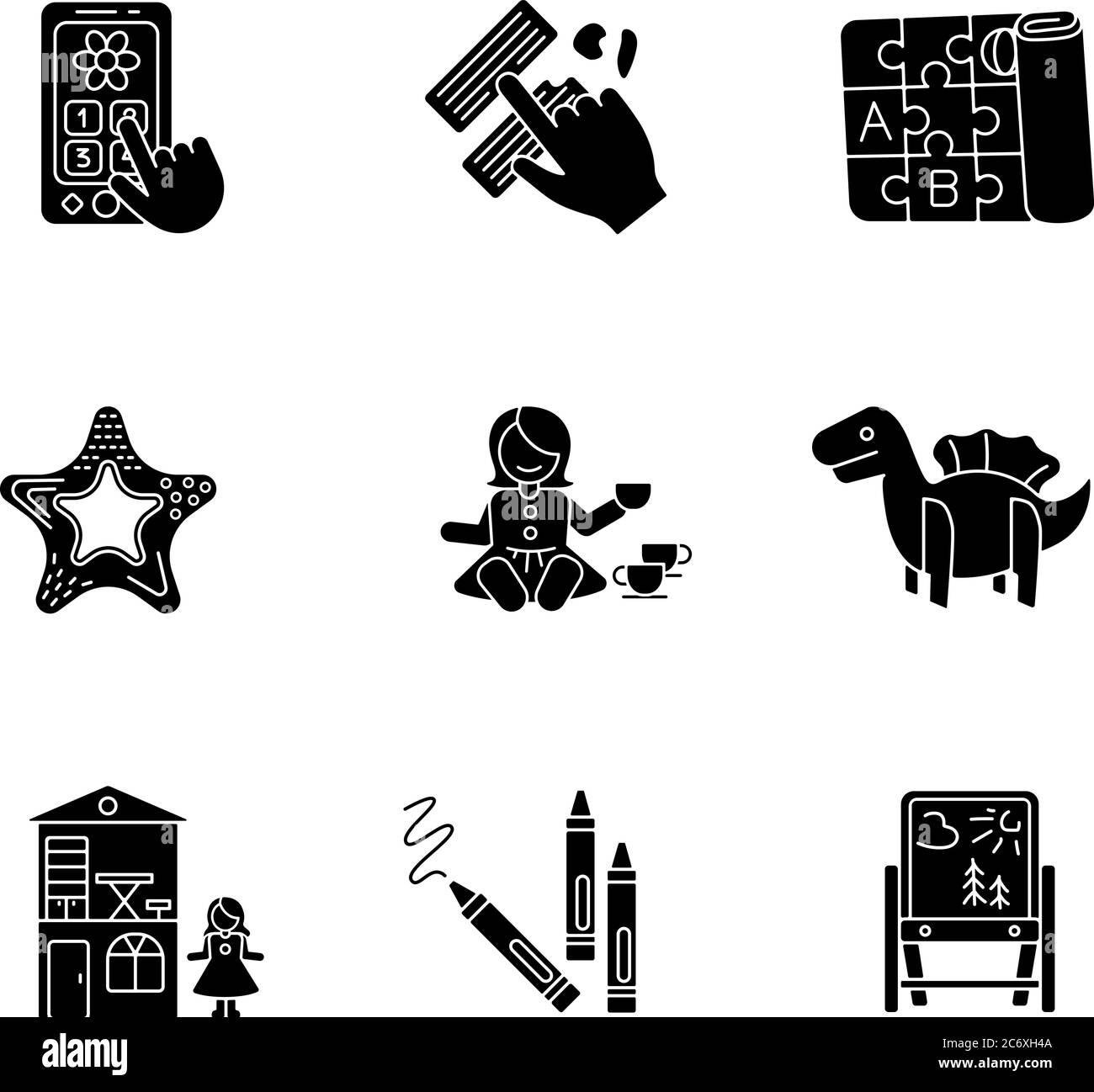 Giocattoli per bambini icone glifo nero impostate su spazio bianco. Telefono e tappetino pieghevole per alfabeti. Cavalletto pieghevole. Giocattolo animale. Silhouette simbolico Illustrazione Vettoriale