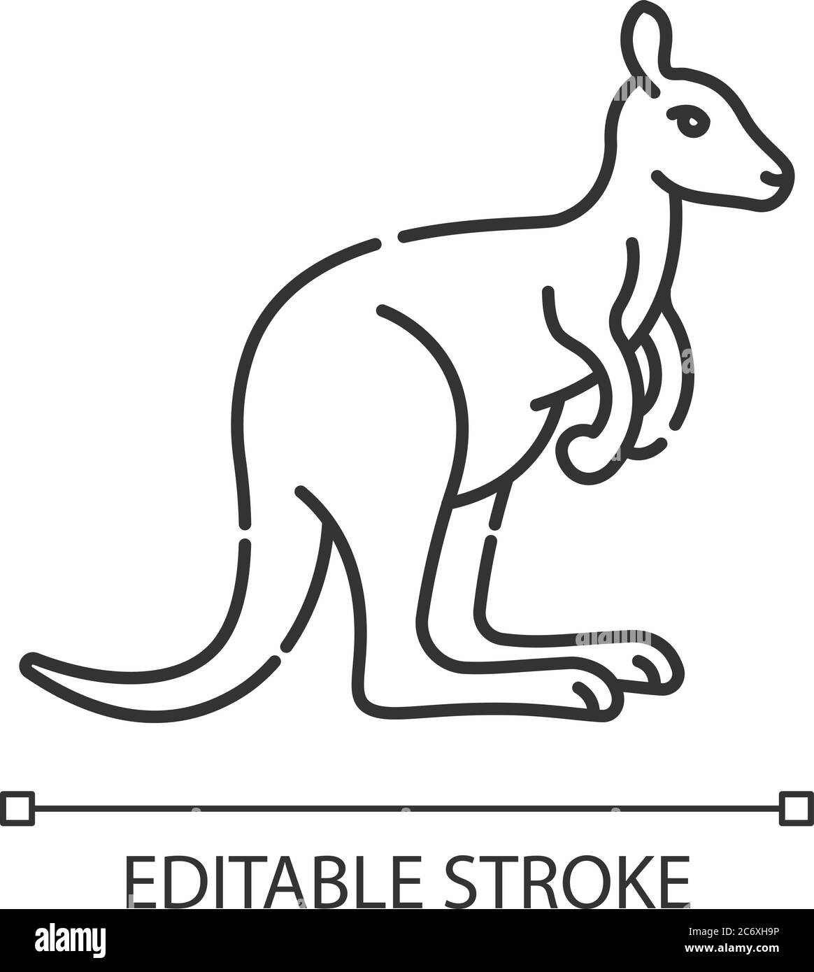 Icona lineare perfetta per i pixel Kangaroo. Wallaby esotico, wallaroo. Illustrazione personalizzabile della fauna australiana sottile. Simbolo del contorno. Animale marsupiale v Illustrazione Vettoriale