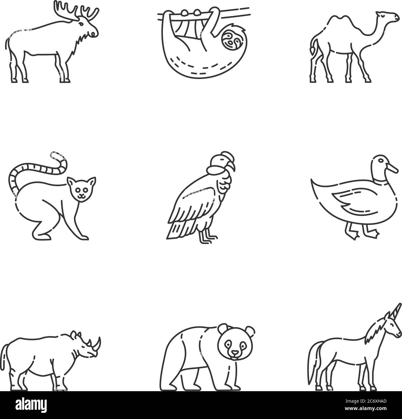Set di icone lineari perfette per mammiferi e uccelli. Animali volanti e terrestri simboli personalizzabili di linee sottili. Fauna selvatica foresta comune. VEC. Isolata Illustrazione Vettoriale