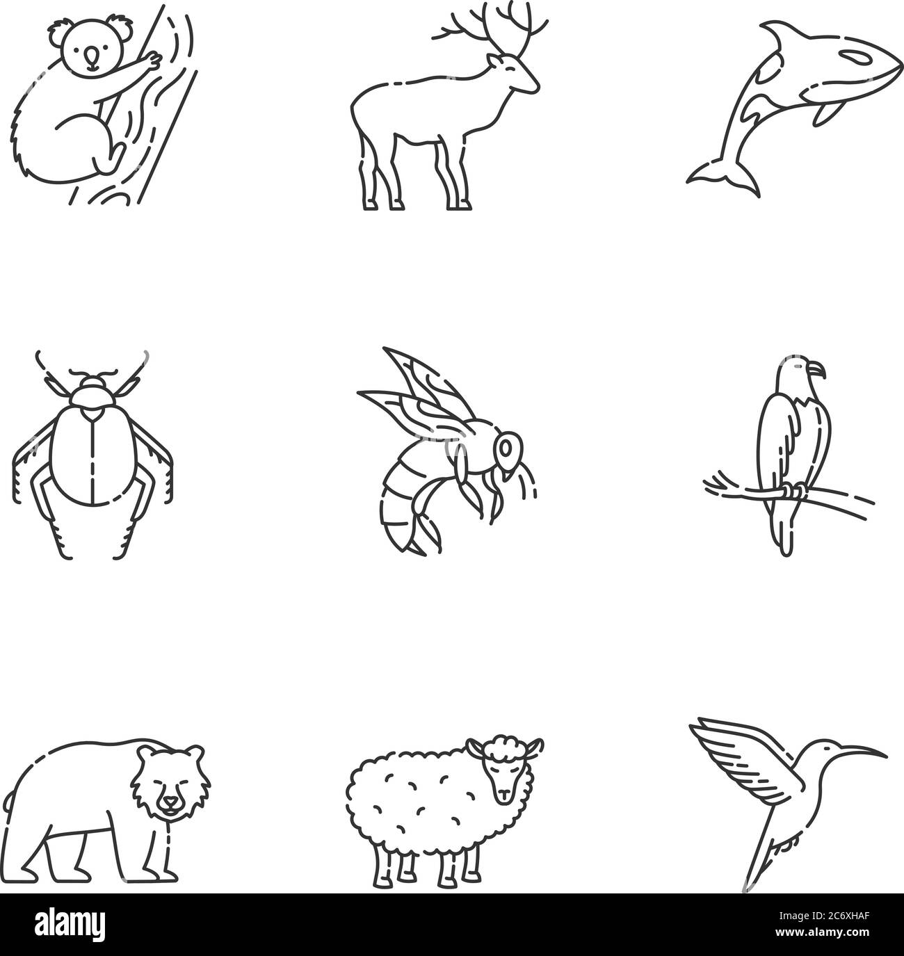 Set di icone lineari perfette pixel specie animali. Uccelli volanti, animali terrestri e creature marine personalizzabili con linee sottili e simboli di contorno. Vettore isolato ou Illustrazione Vettoriale