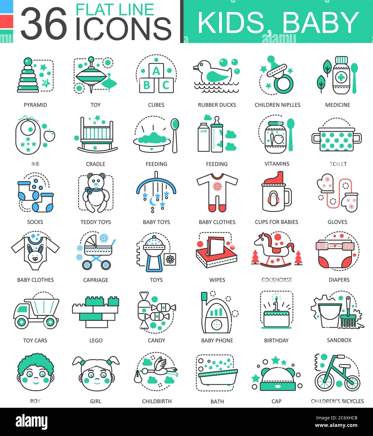 Icone vettoriali per bambini con linee piatte per applicazioni e web design. Icona bambino Illustrazione Vettoriale